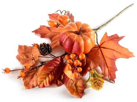 Branch with pumpkin, acorns and artificial berries