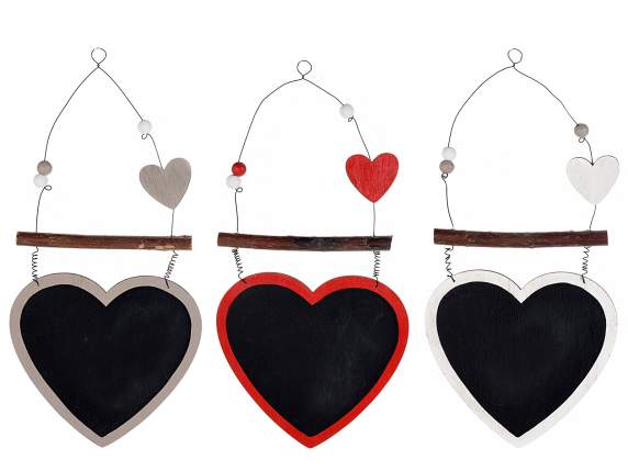 Colorful wooden heart with hanging chalkboard