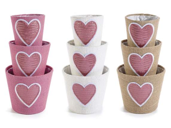 Set of 3 jute baskets with heart and sequins and waterproof