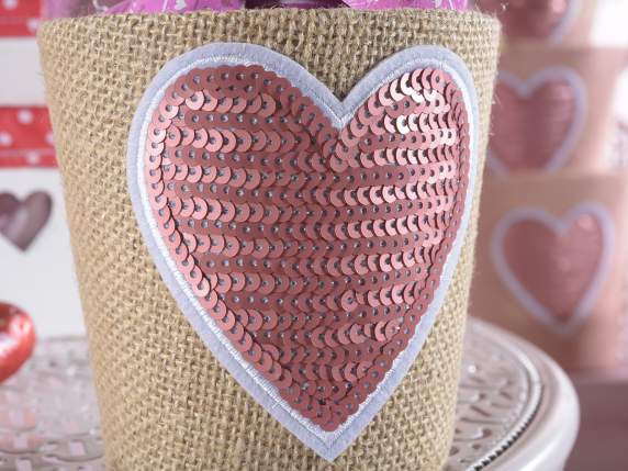 Set of 3 jute baskets with heart and sequins and waterproof