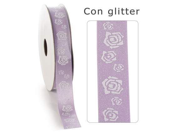 16mm lilac satin ribbon with glitter roses