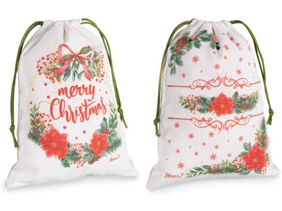 Christmas Print Fabric Bag with Drawstring