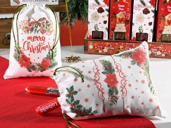 Christmas Print Fabric Bag with Drawstring