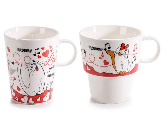 Set of 2 stackable porcelain mugs with cat print