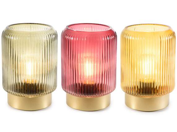 Lamp in knurled colored glass with golden base and LED light