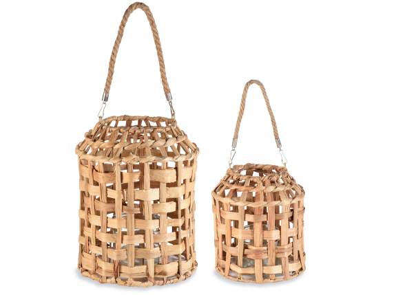 Set of 2 natural fiber lanterns with glass candle holder and
