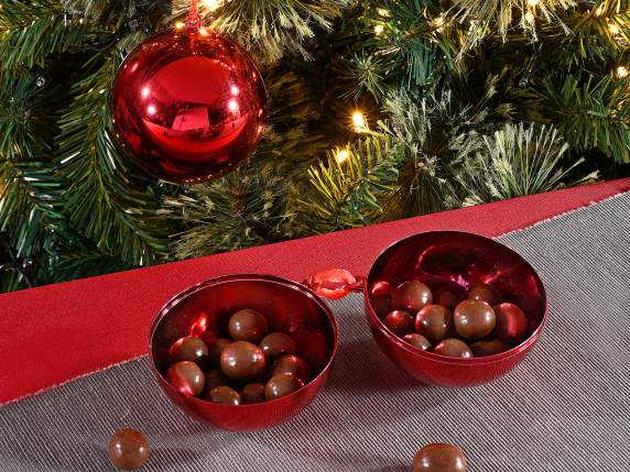 Small shiny red opening sphere with hanging ribbon