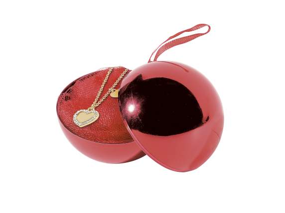 Small shiny red opening sphere with hanging ribbon