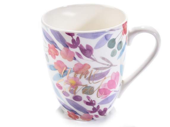 Porcelain mug with floral print and real gold details