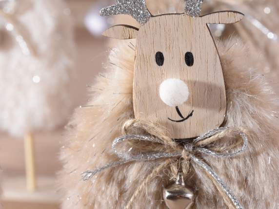 Set of 2 wooden and eco-fur reindeer with bow and glitter