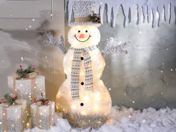 Snowman in snowy fabric with warm white LED lights