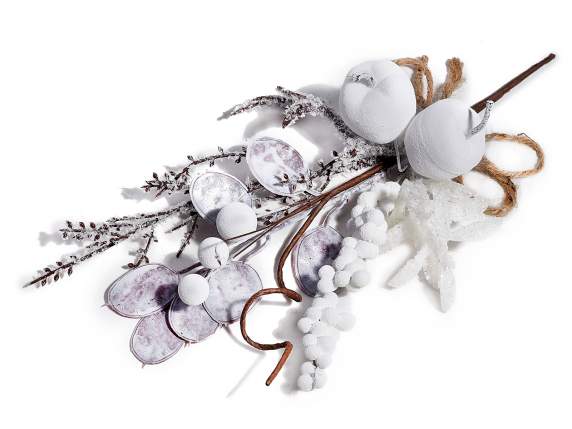Snow-covered sprig with apples, white berries and rope bow