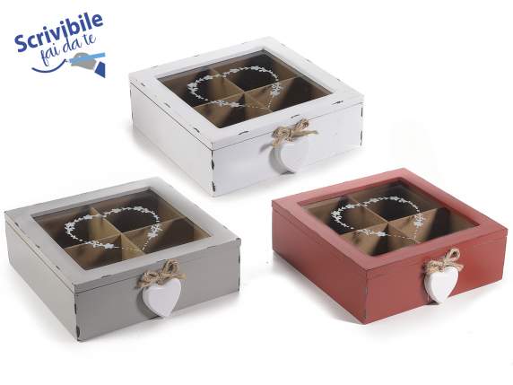 Tea - spice box wood glass w - 4 compartments heart pendant