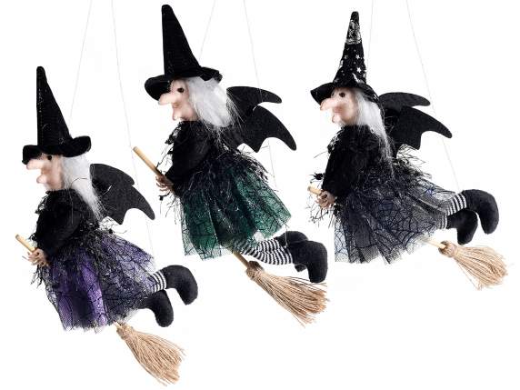 Befana - Witch flying w - cobweb dress and broom to hang