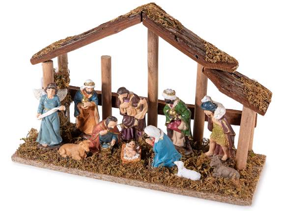 Wooden nativity scene with resin characters, moss, LED