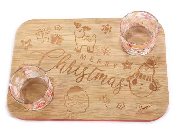 Aperitif set 2 glass cups and carved wooden tray