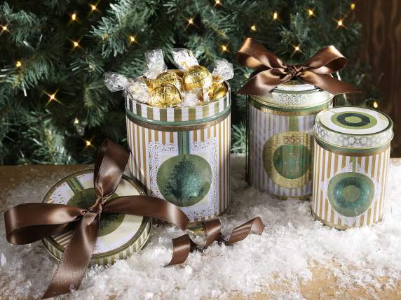 Set of 3 metal cylinder boxes with metallic print