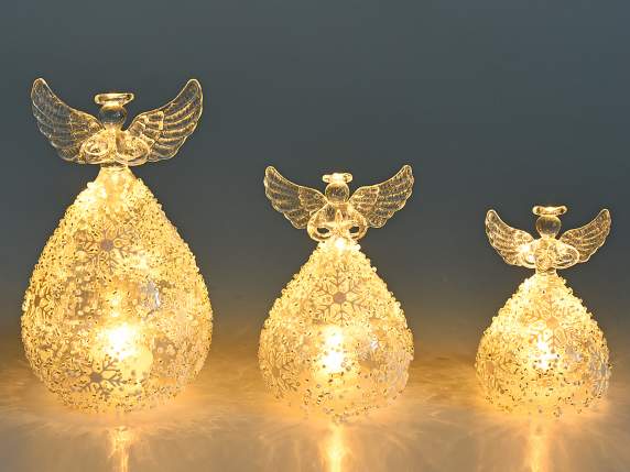 Set of 3 glass angels decorated with LED light to be placed