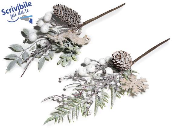 Artificial snowy branch with pine cone and berries