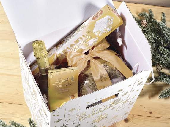 Cardboard box with golden Christmas prints and handles