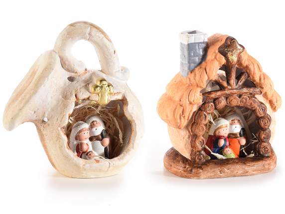 Nativity scene in colored terracotta with warm white LED
