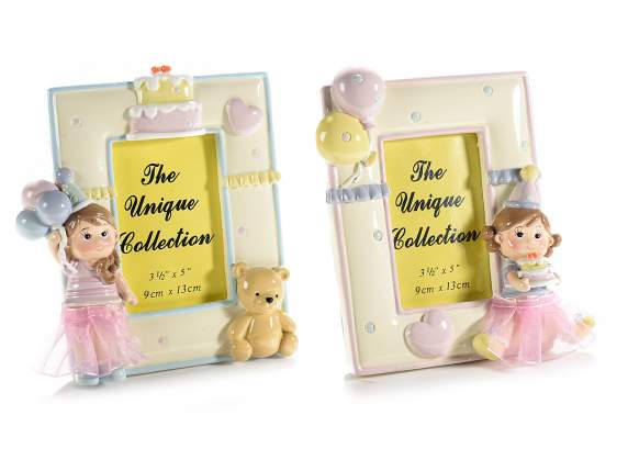 Glossy resin photo frame with teddy bear and little girl wit