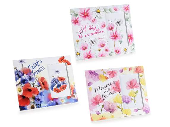 Wooden photo frame with floral decorations to stand