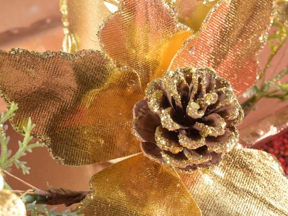 Artificial branch with poinsettia, pine cone and golden flow