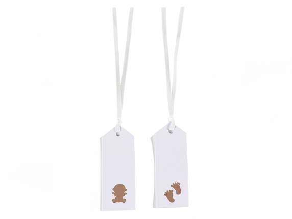 Pack of 50 white paper tags with Birth print and ribbon