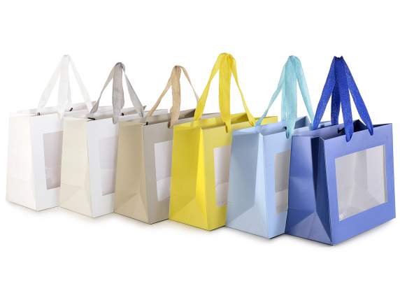 Large colored paper bag with fabric handles and window