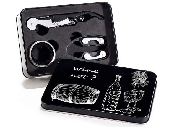 Wine lover metal box with 3 sommelier accessories for wine