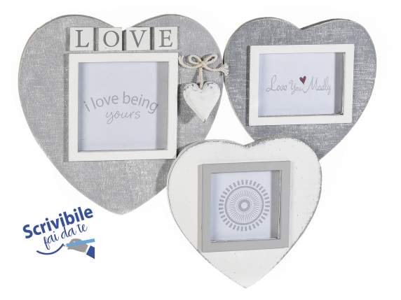 Wooden photo frame with 3 heart frames to hang