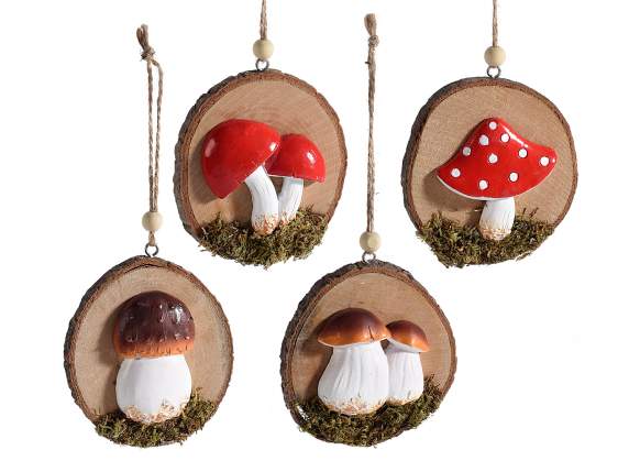 Wooden trunk decoration with resin mushroom to hang