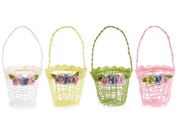 Woven paper basket w / edge and flowers in cloth and handle