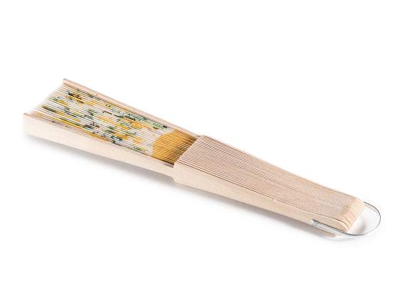 Abanico de madera y tela con estampado de limones y gancho