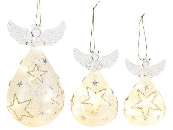 Set of 3 glass angels with LED light to hang or place