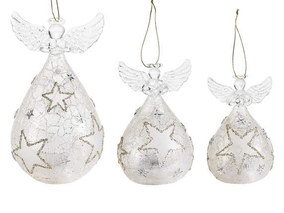 Set of 3 glass angels with LED light to hang or place