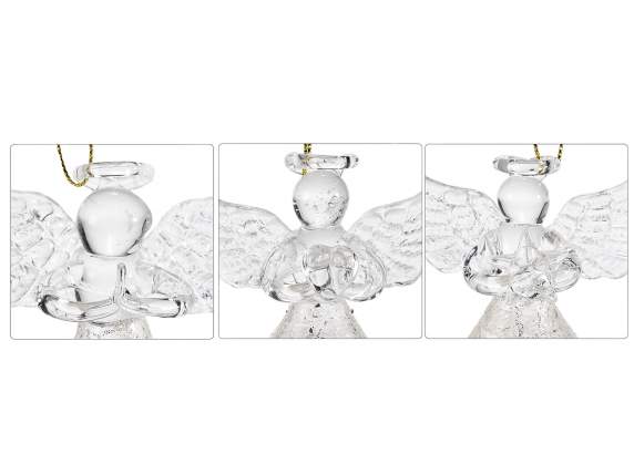 Set of 3 glass angels with LED light to hang or place