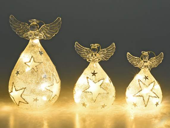 Set of 3 glass angels with LED light to hang or place