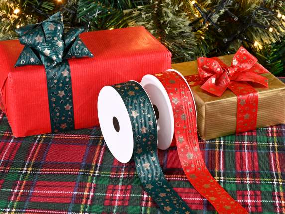 Panglică grosgrain de 25 mm cu imprimeu stea aurie