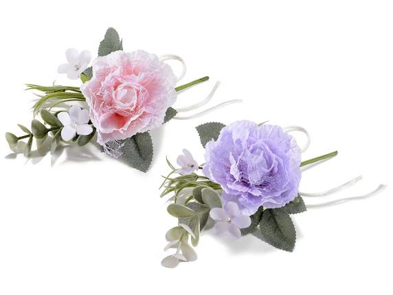 Artificial bouquet of peony, leaves and string bow
