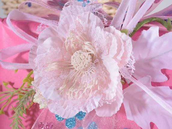 Bouquet with peony, artificial leaves and ribbon