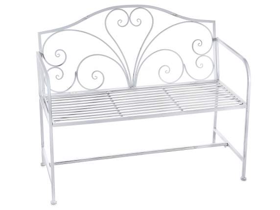 Banc ancien en métal blanc avec dossier décoré