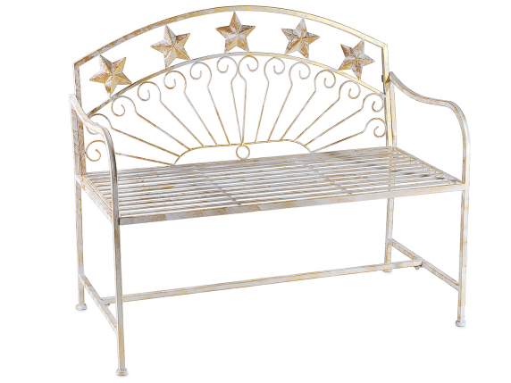 Banc en métal blanc doré antique avec dossier décoré