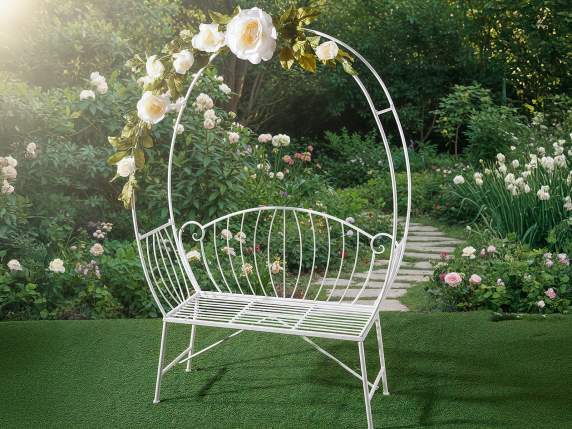 Banc en métal blanc avec arche et dossier décoré