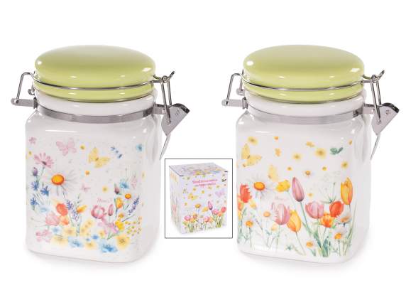 Barattolo alimentare ceramica tappo ermetico stampa fiori