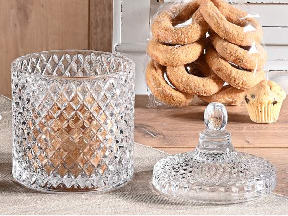 Bocal alimentaire en verre transparent travaillé