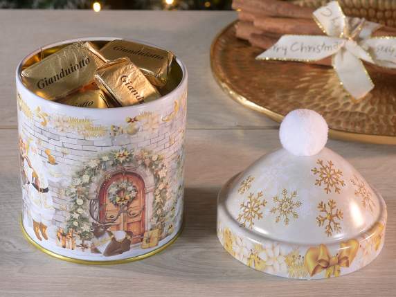 Pot en métal avec imprimé de Noël et pompons