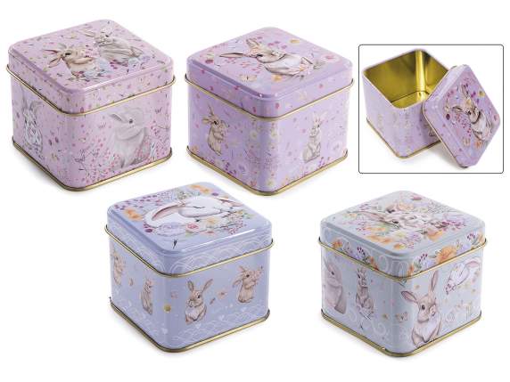Boîte alimentaire en métal avec lapins et décorations