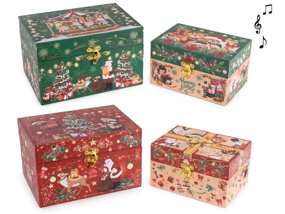 Lot de 2 boîtes de Noël en bois doublé, boîte à musique